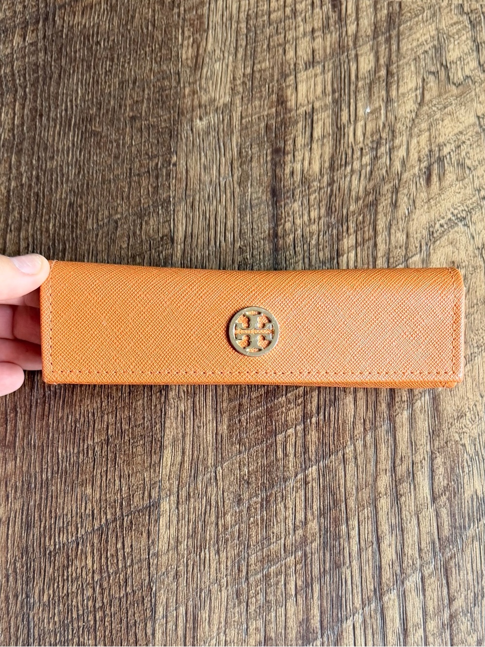Tory Burch Orange Saffiano Leather Glasses Case with Gold Logo